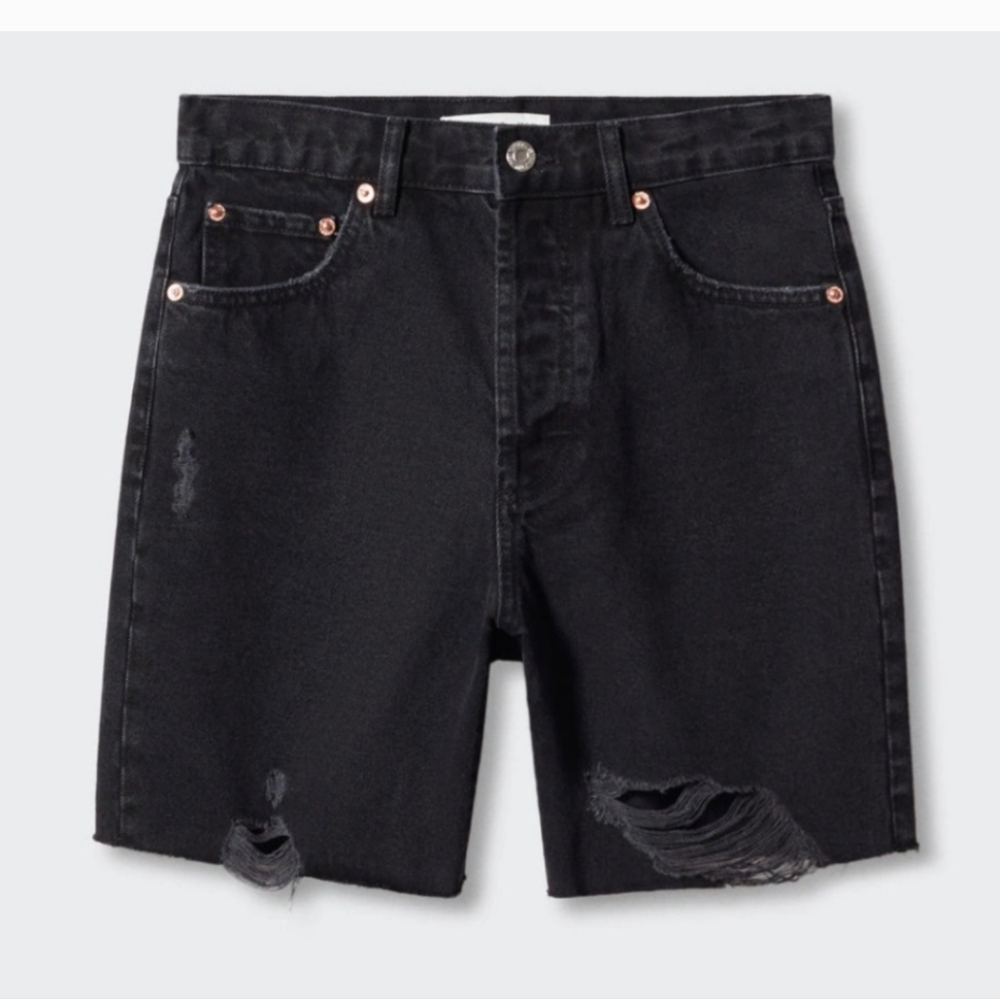 Mango MNG Black Distressed‎ Jorts High Rise Button Fly Bermuda Jean Shorts